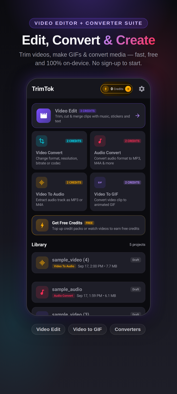 TrimTok home dashboard with Edit, Convert and Create tools