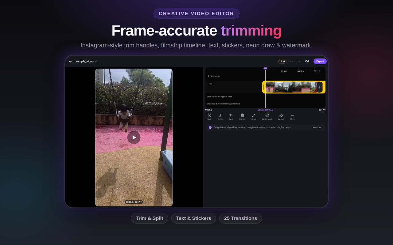 TrimTok video editor timeline on tablet