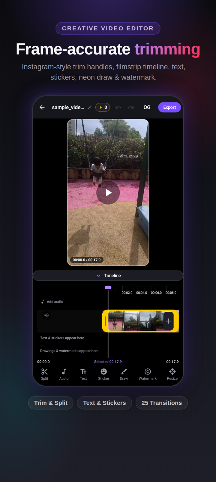 TrimTok video editor timeline with frame-accurate trimming