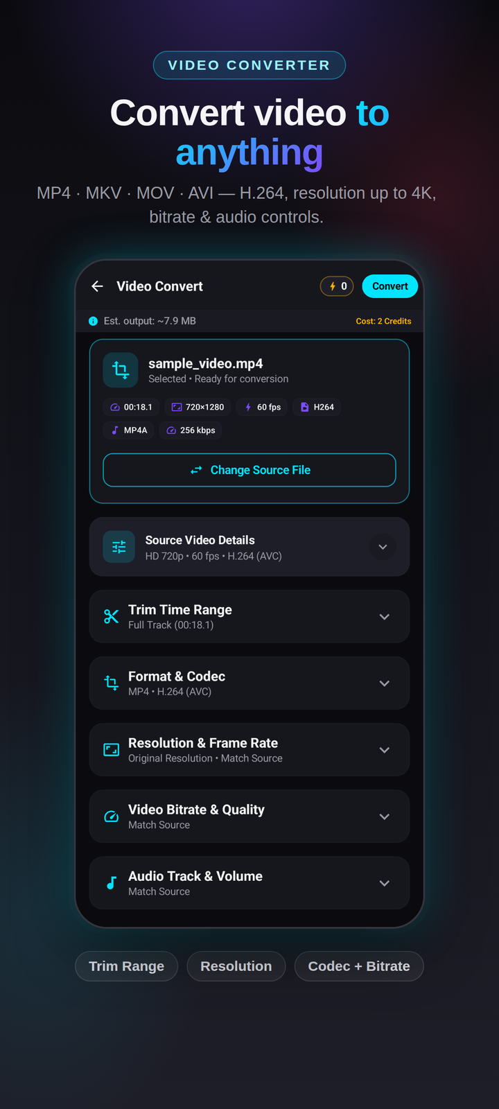 TrimTok video converter with format and resolution options