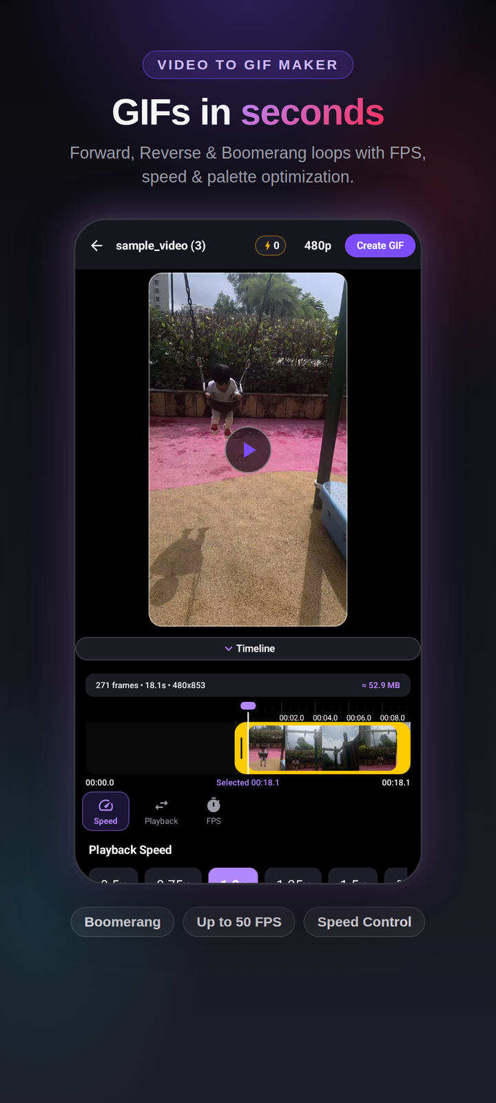 TrimTok Video to GIF maker with playback modes and frame rate controls